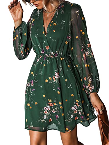 CUPSHE Damen Kleid Wickeloptik V Ausschnitt Langarm Chiffon Blumenmuster Freizeitkleider Wickelkleid Party Mini Dress Grün M von CUPSHE