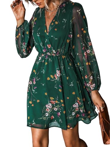 CUPSHE Damen Kleid Wickeloptik V Ausschnitt Langarm Chiffon Blumenmuster Freizeitkleider Wickelkleid Party Mini Dress Grün XS von CUPSHE