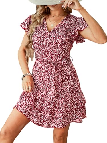 CUPSHE Damen-Kleid mit Blumenmuster, V-Ausschnitt, kurze Flatterärmel, Taillenbindung, gestufter Rüschensaum, Mini-Sommerkleider, Rot/Ausflug, einfarbig (Getaway Solids), Mittel von CUPSHE