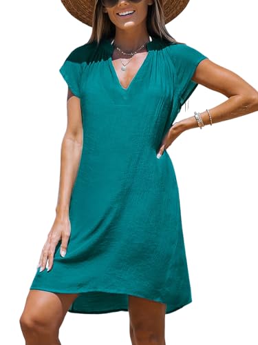 CUPSHE Damen Kleid mit V-Ausschnitt, kurzärmelig, fließend, plissiert, gewebtes Minikleid, grün, 46 von CUPSHE