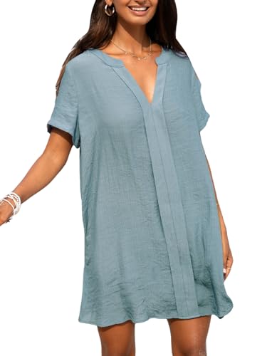 CUPSHE Damen Kleid mit V-Ausschnitt, kurzärmelig, halbtransparent, Strand-Minikleid, Blau, Medium von CUPSHE