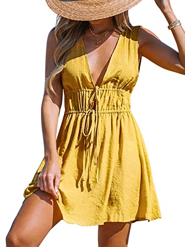 CUPSHE Damen-Kleid mit doppelter Bindung vorne, ärmellos, sexy, Strand-Vertuschung, lässiger Sommer, gelb, Large von CUPSHE