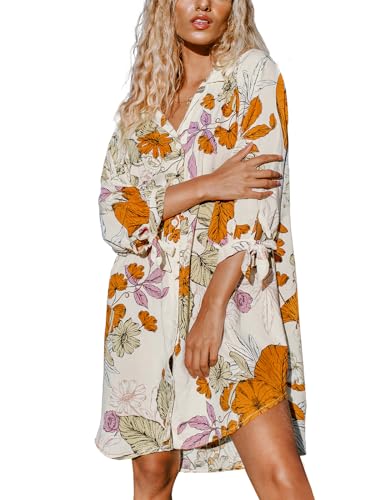 CUPSHE Damen Kleider V Ausschnitt 3/4 Ärmel Blumenmuster Blusenkleid Sommerkleid Strand Bikini Cover Up Hemd Shirt Dress Blumen M von CUPSHE