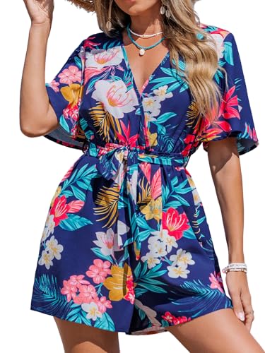 CUPSHE Damen Lace Up Leopard Print Strampler Kurzarm Overalls Breites Bein Outfit, Dunkelblau, M von CUPSHE