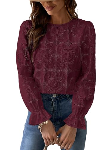 CUPSHE Damen Langarm Bluse aus Lochstickerei mit Blumenmuster, Elegantes Rundhals Damen Oberteil mit Puffärmeln, Bordeauxrot, XS von CUPSHE