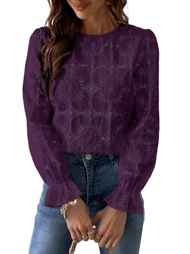 CUPSHE Damen Langarm Bluse aus Lochstickerei mit Blumenmuster, Elegantes Rundhals Damen Oberteil mit Puffärmeln, Lila, XXL von CUPSHE