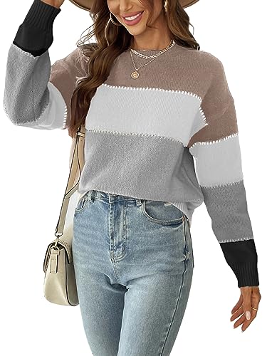 CUPSHE Damen Strickpullover Rundhals Langarm Farbblock Feinstrick Pulli Oberteile Tops Casual Knit Sweater Grau/Braun L von CUPSHE