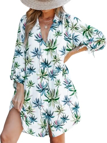 CUPSHE Damen Blusenkleid V Ausschnitt Knopfleiste 3/4 Arm Lockeres Sommerkleid Freizeitkleider Bikini Cover Up Hemdblusen Shirt Mini Dress Grünes Blatt M von CUPSHE