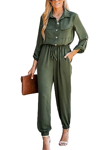 CUPSHE Damen Langarm Knopfleiste vorne Kordelzug Taille Maxi Jumpsuit Overalls Taschen Casual Plissee Lang Jumpsuit, Olivgrün, M von CUPSHE