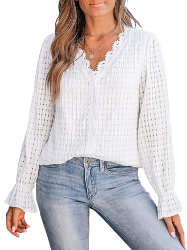 CUPSHE Damen Langarm Spitze Bluse Puffärmel V-Ausschnitt Elegant Damen Tops, weiß, L von CUPSHE
