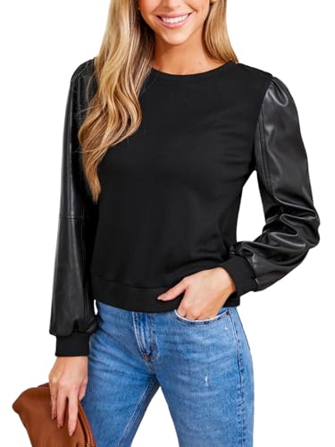 CUPSHE Damen Langarm Tops Strick mit Kunstleder Puffärmel Rundhalsausschnitt Stilvolles Kontrastdesign für Freizeit, Arbeit und Party, Schwarz, XL von CUPSHE