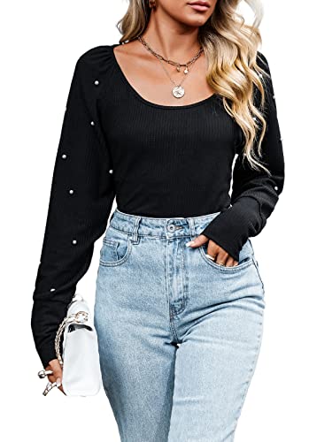 CUPSHE Damen Langarmshirt U Ausschnitt Kunstperlen Langarm Rippenstrick Pullover Tunika Oberteile Bluse Tops Schwarz S von CUPSHE