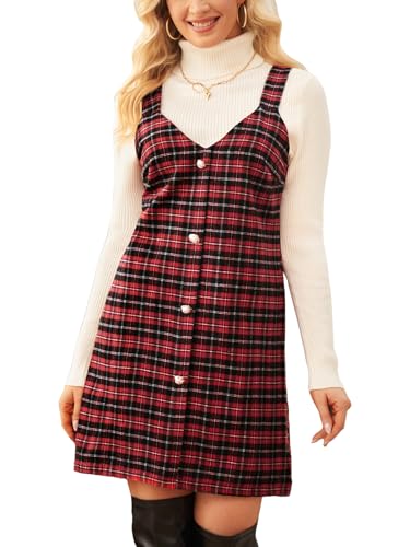 CUPSHE Damen Latzkleid Kariert Ärmellos Herbst V Ausschnitt Latzrock Hosenträger Knöpfe Freizeitkleider Mini Dress Rot M von CUPSHE