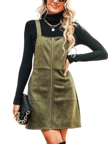 CUPSHE Damen Latzrock Quadratischer Ausschnitt Reißverschluss Wildleder Latzkleid Overallkleid Freizeitkleider Wildlederimitat Zipper Mini Dress Grün M von CUPSHE