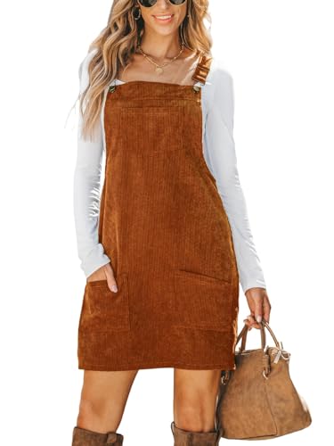 CUPSHE Damen Latzrock Quadratischer Ausschnitt Hosenträger Taschen Cord Latzkleid Overallkleid Freizeitkleider Corduroy Mini Dress Braun M von CUPSHE