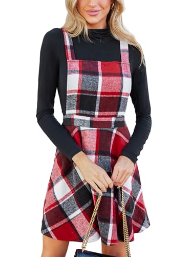 CUPSHE Damen Latzrock Quadratischer Ausschnitt Karomuster A Linie Latzkleid Overallkleid Freizeitkleider Plaid Mini Dress Rot Kariert L von CUPSHE