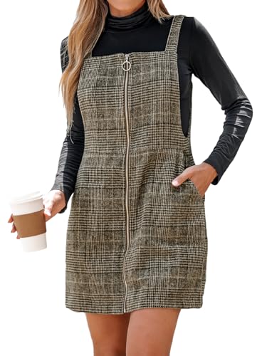 CUPSHE Damen Latzrock Quadratischer Ausschnitt Reißverschluss Karomuster Latzkleid Overallkleid Freizeitkleider Zipper Plaid Mini Dress Braun L von CUPSHE