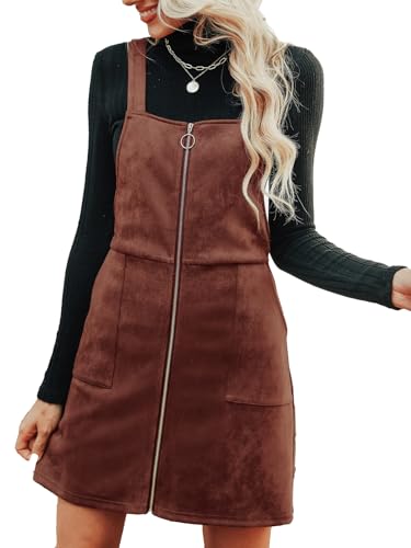 CUPSHE Damen Latzrock Quadratischer Ausschnitt Reißverschluss Wildleder Latzkleid Overallkleid Freizeitkleider Wildlederimitat Zipper Mini Dress Braun M von CUPSHE