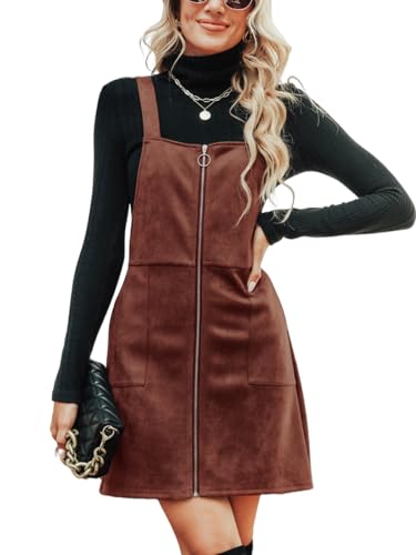 CUPSHE Damen Latzrock Quadratischer Ausschnitt Reißverschluss Wildleder Latzkleid Overallkleid Freizeitkleider Wildlederimitat Zipper Mini Dress Braun XL von CUPSHE