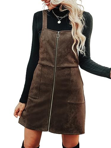 CUPSHE Damen Latzrock Quadratischer Ausschnitt Reißverschluss Wildleder Latzkleid Overallkleid Freizeitkleider Wildlederimitat Zipper Mini Dress Kaffeebraun M von CUPSHE