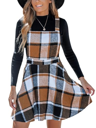 CUPSHE Damen Latzrock Quadratischer Ausschnitt Karomuster A Linie Latzkleid Overallkleid Freizeitkleider Plaid Mini Dress Khaki Kariert S von CUPSHE