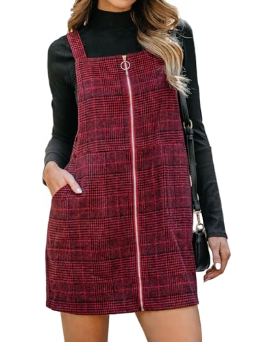 CUPSHE Damen Latzrock Quadratischer Ausschnitt Reißverschluss Karomuster Latzkleid Overallkleid Freizeitkleider Zipper Plaid Mini Dress Rot kariert S von CUPSHE