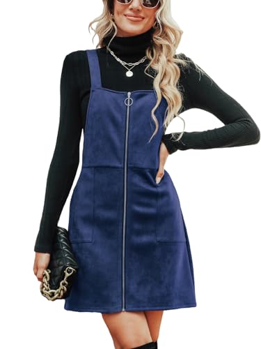 CUPSHE Damen Latzrock Quadratischer Ausschnitt Reißverschluss Wildleder Latzkleid Overallkleid Freizeitkleider Wildlederimitat Zipper Mini Dress Blau M von CUPSHE