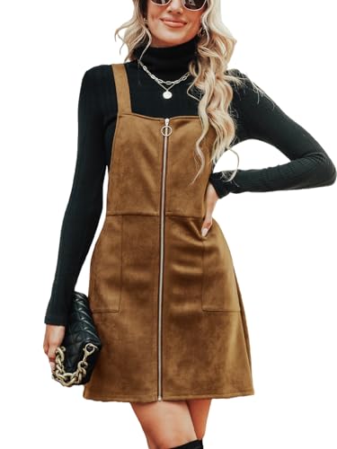 CUPSHE Damen Latzrock Quadratischer Ausschnitt Reißverschluss Wildleder Latzkleid Overallkleid Freizeitkleider Wildlederimitat Zipper Mini Dress Gebranntes Orange L von CUPSHE