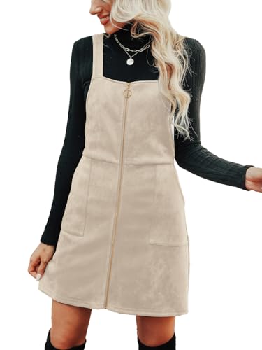 CUPSHE Damen Latzrock Quadratischer Ausschnitt Reißverschluss Wildleder Latzkleid Overallkleid Freizeitkleider Wildlederimitat Zipper Mini Dress von CUPSHE