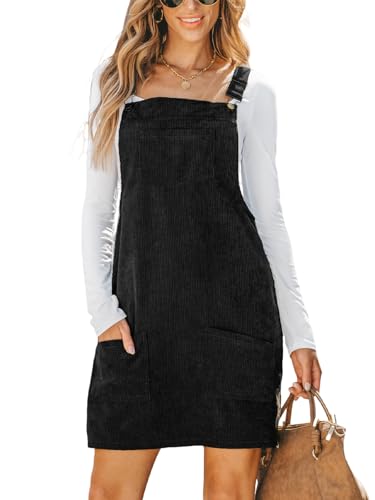 CUPSHE Damen Latzrock Quadratischer Ausschnitt Taschen Cord Latzkleid Overallkleid Freizeitkleider Corduroy Mini Dress Schwarz XL von CUPSHE