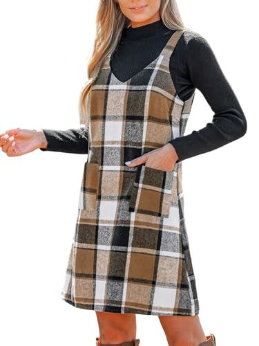 CUPSHE Damen Latzrock V Ausschnitt Hosenträger Taschen Karomuster A Linie Latzkleid Overallkleid Freizeitkleider Plaid Mini Dress Khaki Karo S von CUPSHE