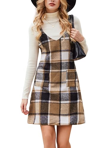 CUPSHE Damen Latzrock V Ausschnitt Hosenträger Taschen Karomuster A Linie Latzkleid Overallkleid Freizeitkleider Plaid Mini Dress Khaki Karo XS von CUPSHE