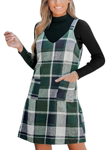 CUPSHE Damen Latzrock V Ausschnitt Taschen Karomuster A Linie Latzkleid Overallkleid Freizeitkleider Plaid Mini Dress Grün kariert L von CUPSHE