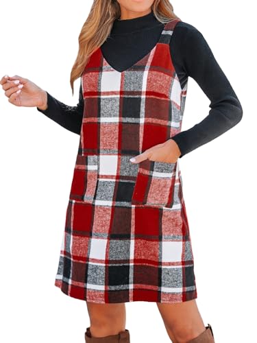 CUPSHE Damen Latzrock V Ausschnitt Taschen Karomuster A Linie Latzkleid Overallkleid Freizeitkleider Plaid Mini Dress Rot kariert L von CUPSHE