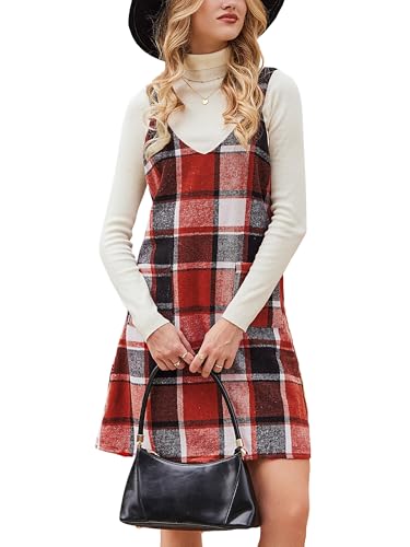 CUPSHE Damen Latzrock V Ausschnitt Taschen Karomuster A Linie Latzkleid Overallkleid Freizeitkleider Plaid Mini Dress Rot kariert S von CUPSHE