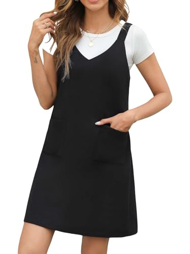 CUPSHE Damen Latzrock V Ausschnitt Taschen Ärmellos Breite Träger A Linie Latzkleid Overallkleid Freizeitkleider Mini Overalls Dress Schwarz XL von CUPSHE