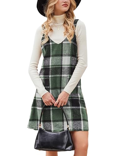CUPSHE Damen Latzrock V Ausschnitt Taschen Karomuster A Linie Latzkleid Overallkleid Freizeitkleider Plaid Mini Dress Grün kariert S von CUPSHE
