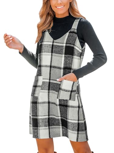 CUPSHE Damen Latzrock V Ausschnitt Taschen Karomuster A Linie Latzkleid Overallkleid Freizeitkleider Plaid Mini Dress Schwarz Plaid L von CUPSHE