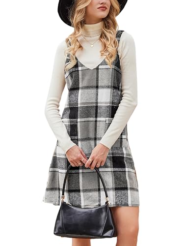 CUPSHE Damen Latzrock V Ausschnitt Taschen Karomuster A Linie Latzkleid Overallkleid Freizeitkleider Plaid Mini Dress Schwarz Plaid XS von CUPSHE
