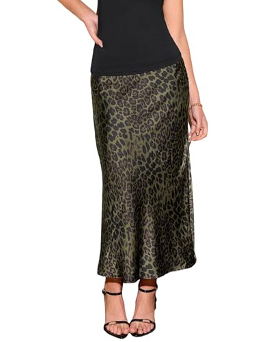 CUPSHE Damen Leopardenmuster Midirock Elegant A Linie Satin Rock Leicht Schmeichelhaft Flowy Design für Arbeit Abend Freizeitkleidung, Grüner und schwarzer Leopardenmuster, M von CUPSHE