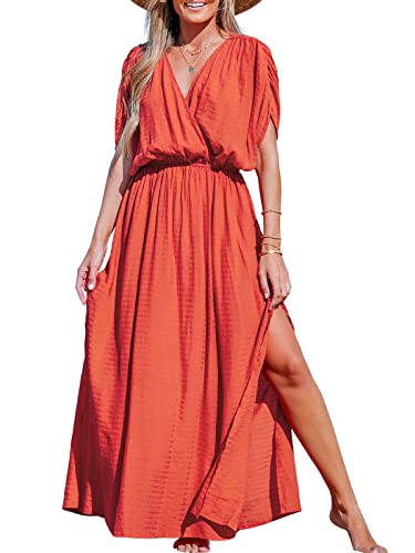 CUPSHE Damen Sommerkleid V Ausschnitt Kurzarm Seitenschlitz Strandkleid Lang Freizeitkleider Beach Cover Up Maxi Dress Orange M von CUPSHE