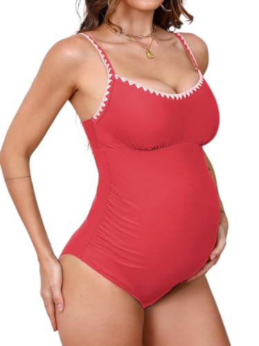CUPSHE Damen Maternity Badeanzug U Ausschnitt Häkelkante Zierausschnitte Einteilige Einteilige Umstandsbademode Swimsuit Strawberry Red S von CUPSHE