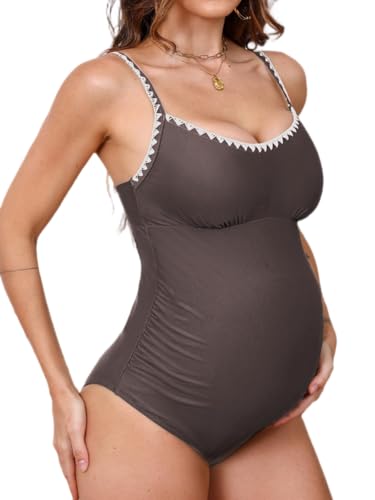 CUPSHE Damen Maternity Badeanzug U Ausschnitt Häkelkante Zierausschnitte Einteilige Einteilige Umstandsbademode Swimsuit Taupe L von CUPSHE