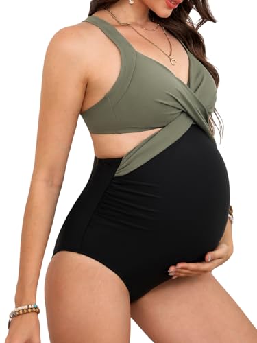 CUPSHE Damen Maternity Badeanzug V Ausschnitt Crossover Raffung Cutouts Lace Up Nach Schwangerschaft Einteilige Umstandsbademode Swimsuit Salbeigrün/Schwarz S von CUPSHE