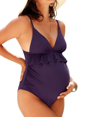 CUPSHE Damen Maternity Badeanzug V Ausschnitt Rüschen Nach Schwangerschaft Tiefer Rückenausschnitt Lace Up Einteilige Umstandsbademode Swimsuit Purpur M von CUPSHE