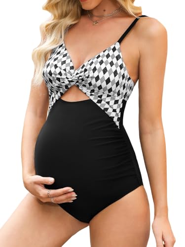 CUPSHE Damen Maternity Badeanzug V Ausschnitt Twisted Cutouts Nach Schwangerschaft Einteilige Umstandsbademode Swimsuit Schwarz/Weiß/Geo XL von CUPSHE