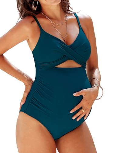 CUPSHE Damen Maternity Badeanzug V Ausschnitt Wickeloptik Crossover Nach Schwangerschaft Zierausschnitte Einteilige Umstandsbademode Swimsuit Marineblau M von CUPSHE