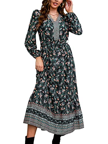 CUPSHE Damen Maxi Freizeitkleid V Ausschnitt Paisley Druck Lange Ärmel Rüschen Flowy Boho A-Linie Kleid, Schwarz , L von CUPSHE