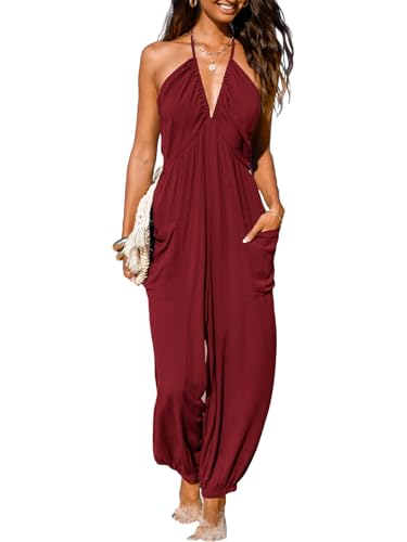 CUPSHE Damen Maxi Jumpsuit Plunge Neckholder Ärmellos Plissee Lang Strampler Strick Jogger Playsuit mit Taschen, burgunderfarben, M von CUPSHE