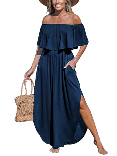 CUPSHE Damen Maxi-Kleid mit Rüschen, schulterfrei, trägerlos, geteilter Saum mit Taschen, A-Linie, lockeres Kleid, marineblau, X-Large von CUPSHE